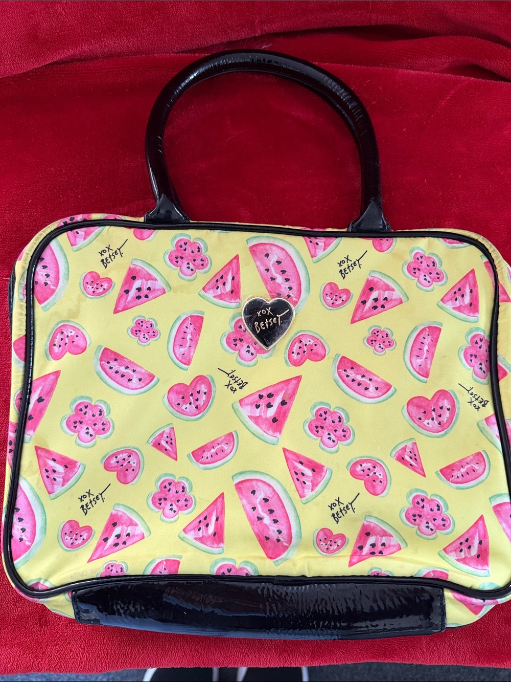 Betsey Johnson Yellow Tote with Pink Watermelon Print and Black Trim